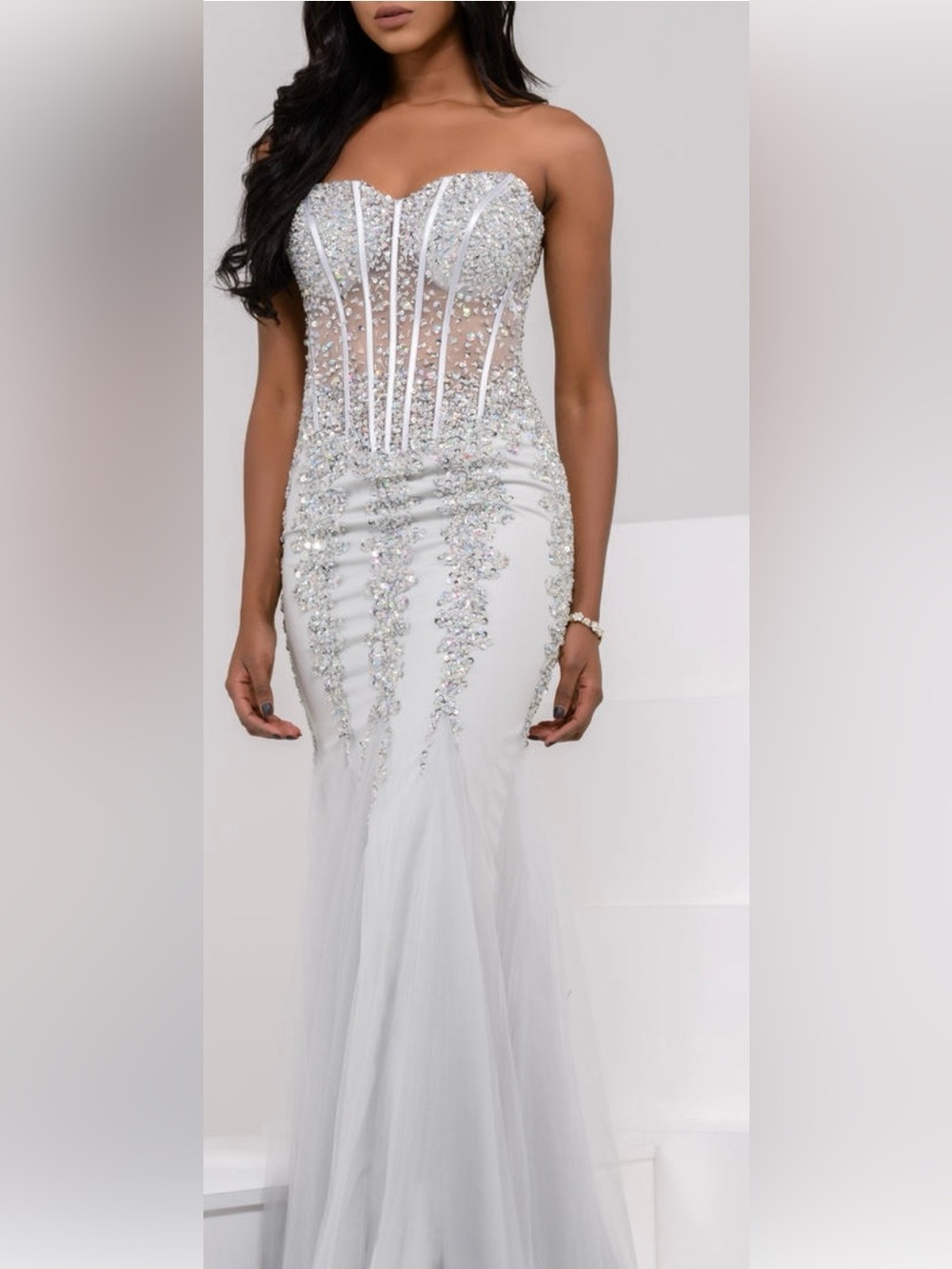 Strapless Silver Embellished Mermaid Evening Gown